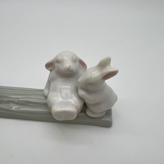 Unbranded Porcelain Three Bunnies on Log Figurine Small White Green Glossy Decor