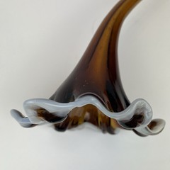 Vintage Murano Style Hand Blown Glass Lilly Flower Brown White Long Stem 19”