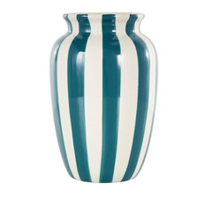 10 In. White round Wide Ceramic Decorative Vase with Teal Vertical Stripes