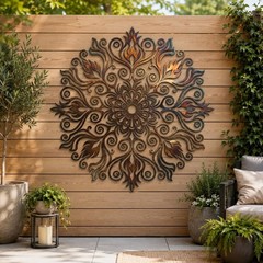 Boho Metal Wall Decor, Floral Mandala Wall Hanging, Large Outdoor Patio Art