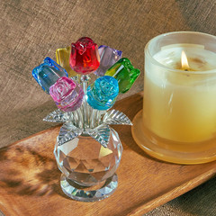 Crystal Colorful Rose Flower Collectible Figurine Glass Flowers with Vase Romant