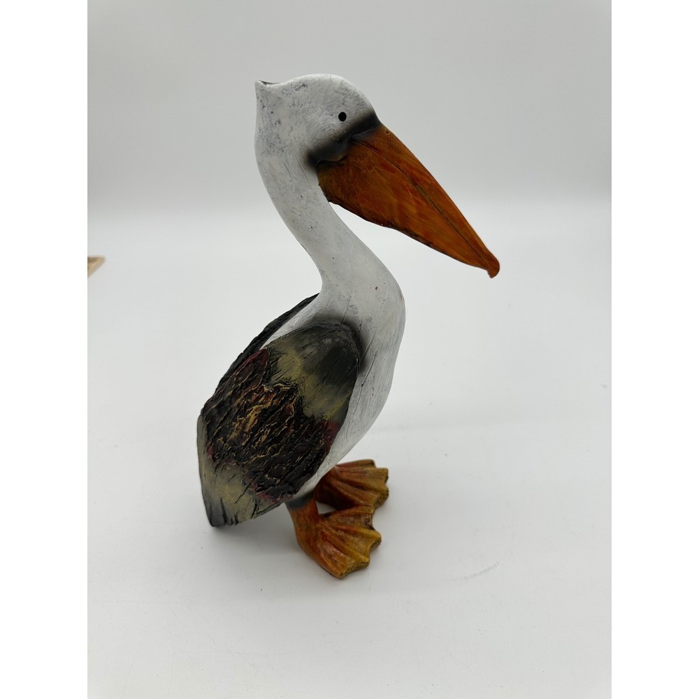 Pelican Figurine Coastal Nautical Hand Painted Rustic Decor White Brown 13in