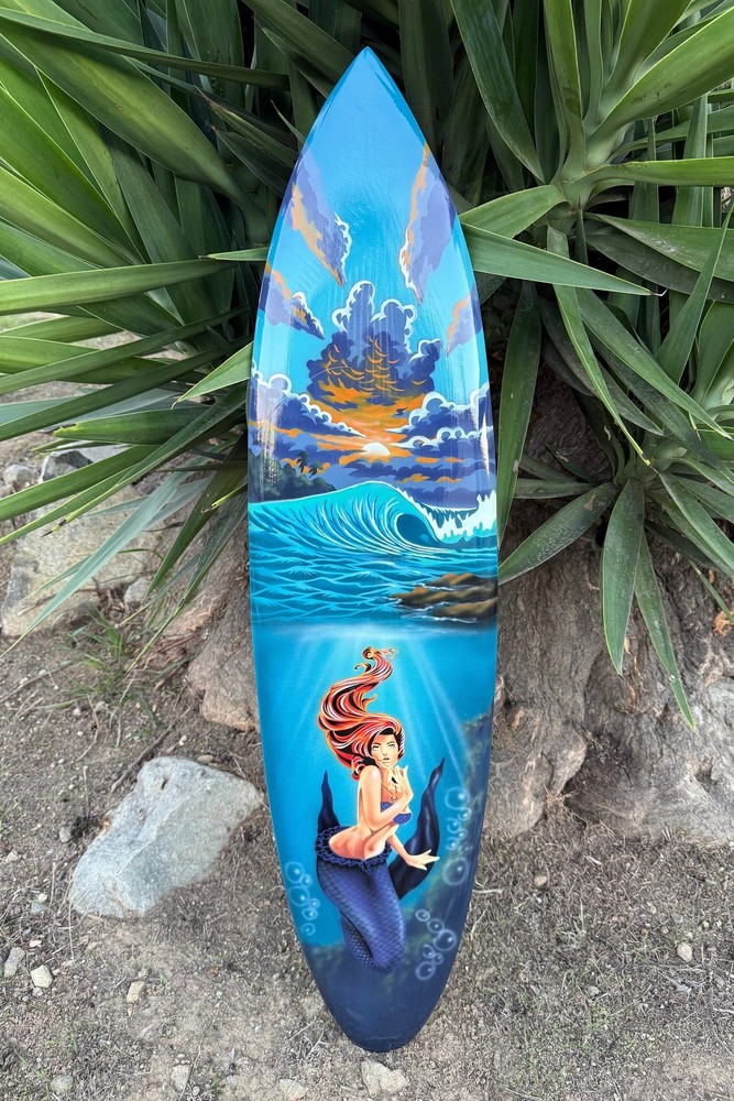 Mermaid Decorative Surfboard Wall Plaque Mango Wood Purple Sunset 39″x 10″