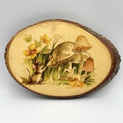 Vintage 1970s Mouse Mushroom Wood Slice Wall Plaque Rustic Cabin Decor 9″ x 6″