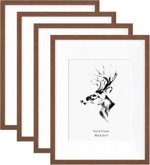 12×16 Picture Frame with Mat for 8.5×11 Set of 4, Walnut Brown, Solid Wood Ph…