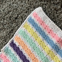 Hand Made Vtg Crocheted Large Baby Afghan in Pastel Colors, 60 in x 38 in