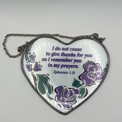 Sun Catcher Heart Shaped w/ Ephesians 1:16 Purple Flowers In Memory 5.25”