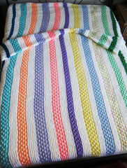 Hand Knit Pastel & White Striped Afghan/ Bed Blanket 116″ X 57″ Soft & Fluffy