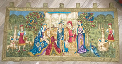 Vtg Medieval Court Life Pictorial French Pastoral Tapestry Wall Hanging 52″ x 25