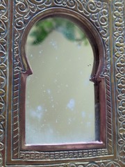 Vintage Mini HandCrafted Moroccan Etched Brass Accent Mirror, Keyhole, 5″ X 4″