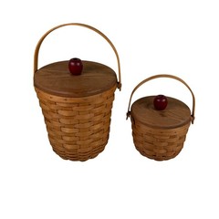 Vintage 1992 Longaberger Apple Fruit Basket Set of 2 Wooden Lids Plastic Liners