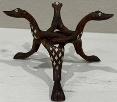 VTG Hand Carved Wood Tripod Holder Stand Mother Of Pearl Inlay See Description