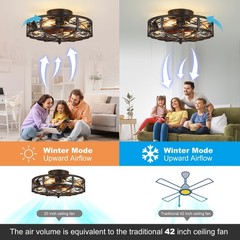 Rustic Black Caged Flush Mount Ceiling Fans with Lights and Remote Vintage Lo…