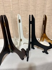 Variety of 5 Easel Stands/Plate Displays – Brass, Wood, Plastic