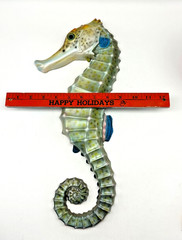 Vintage Plastic Sea Horse Hand Painted Wall Plaque Green Blue Pink 17 inches