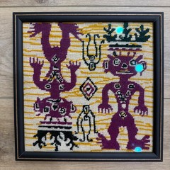 Framed Needlepoint Folk Art Indigenous Figures Purple Gold Black Boho Tribal