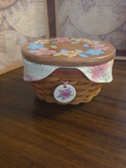 Pastel Floral Basket With Maple Lid, Longaberger, Artist Made In USA