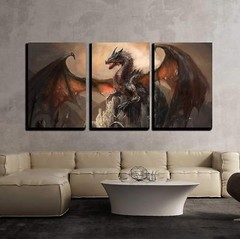 Wall26 – War with the Dragon on Castle – Canvas Wall Art Decor- 16″x24″x3 Panels