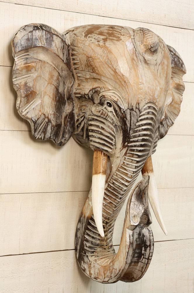 Wooden Whitewashed Hand Carved Elephant Wall Bust Sculpture Hanging Decor Statue