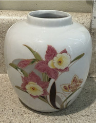 Vintage White Porcelain Orchid Butterfly Vase Raised Relief Floral Asian Style