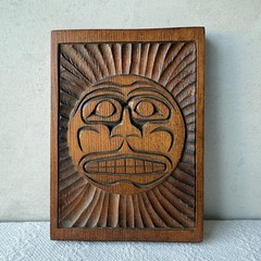 Vintage Carved Wood Sun Moon Face Wall Art Pacific Northwest Mid Century Decor