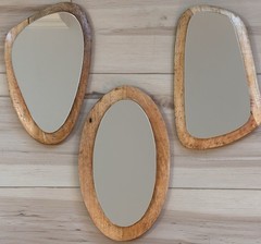 Set of 3 Mid-Century Modern Asymmetrical Framed Wood Beige Wall Mirrors