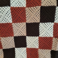 Hand Crochet Blanket Granny Squares Checker Brown Tan Rust Cream 76″x64″ Cottage