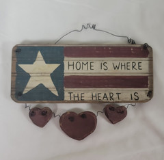Wood Hanging Sign “Home Is Where The Heart Is” American Flag Hearts 9.5in