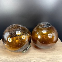 Hand Blown Amber Glass Spheres Opaque Seeded Art Glass Globes Set Fishing Ball