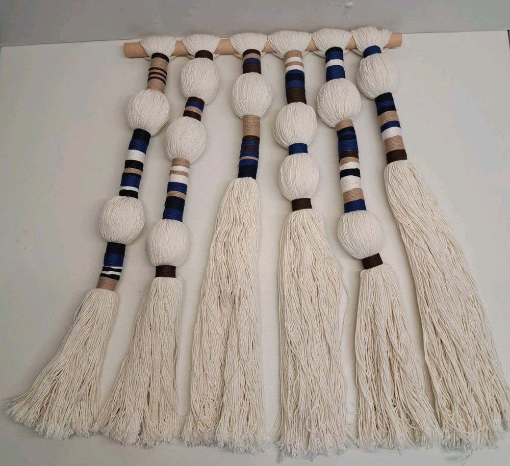 Macrame Wall Hanging Woven Tapestries Handmade Cotton Yarn with Ball Blue