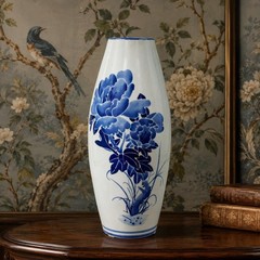 Vintage Blue White Porcelain Floor Vase Hand Painted Floral Asian Decor