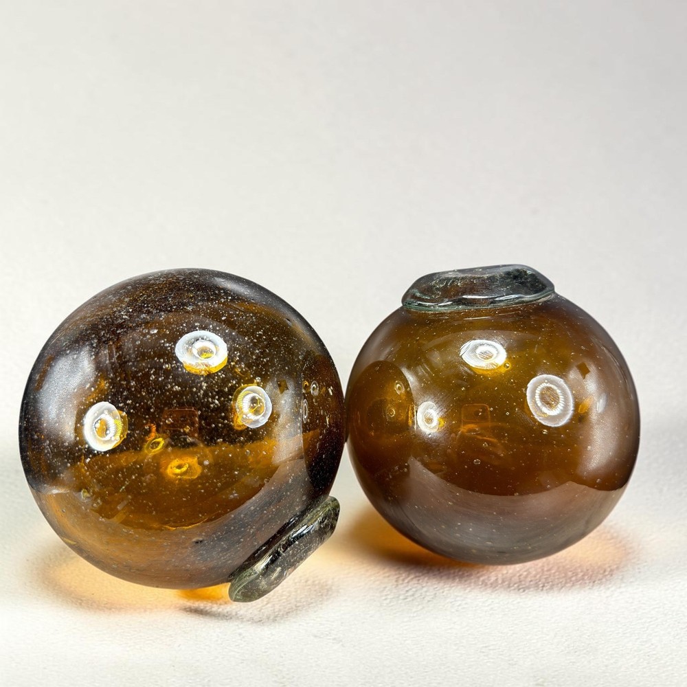 Hand Blown Amber Glass Spheres Opaque Seeded Art Glass Globes Set Fishing Ball