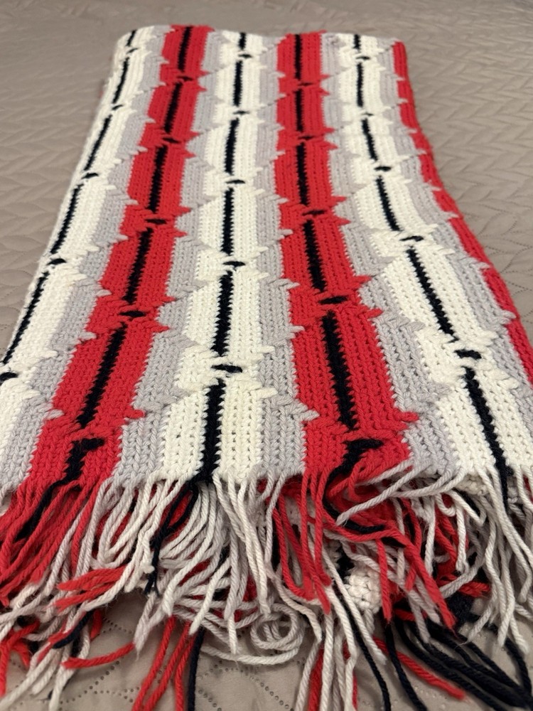 Handmade Blanket, Afghan, Crochet – Red, White, Gray, Black Tribal 56 x 67