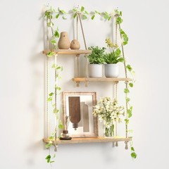 Hanging Shelf with Lights Boho Plant Wall Shelf Floating Shelves Wall Decor
