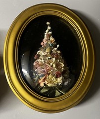 Vintage Victorian Christmas Tree Window Panel Oval Gold Frame Floral Multicolor