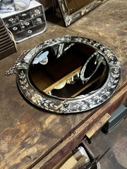 Venetian Style Mirror Etched Glass Flower Design 13 1/2 Inch