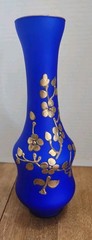 Vtg Bohemian Cobalt Blue Glass w/White Interior Vase 10″ Gold Gilded Floral Vase