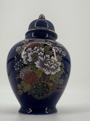 Vintage Japanese Ginger Jar Cobalt Blue Porcelain Hand Painted Floral