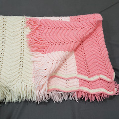 Crochet Throw Blanket Pink Ivory Chevron Stripes Fringe Afghan Cottage Decor