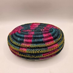 Handwoven Coiled Grass Muday Basket Ethiopian Pink Green Yellow Boho Lidded Box