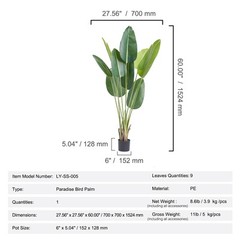 Bird Of Paradise 5ft Tall Fake Palm Tree Artificial Faux Silk Plant in Pot Decor