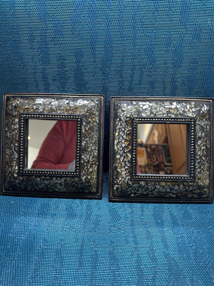 Set 2 Crackle Glass Mosaic Frames 6” Square Brown White Black Decor