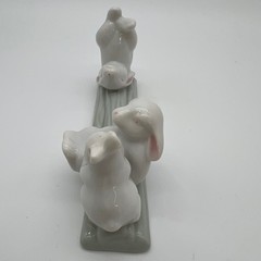 Unbranded Porcelain Three Bunnies on Log Figurine Small White Green Glossy Decor