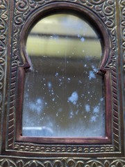 Vintage Mini HandCrafted Moroccan Etched Brass Accent Mirror, Keyhole, 5″ X 4″