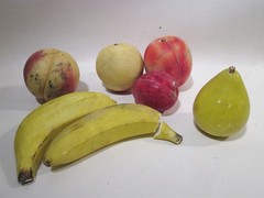 7 Pcs Older Italian Alabaster Stone Fruit Natural Size Banana Peach Plum Pear
