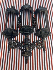 Vintage Burwood Plastic Triple Lantern Wall Decor Black/Gold MCM 0358 1972 22″H
