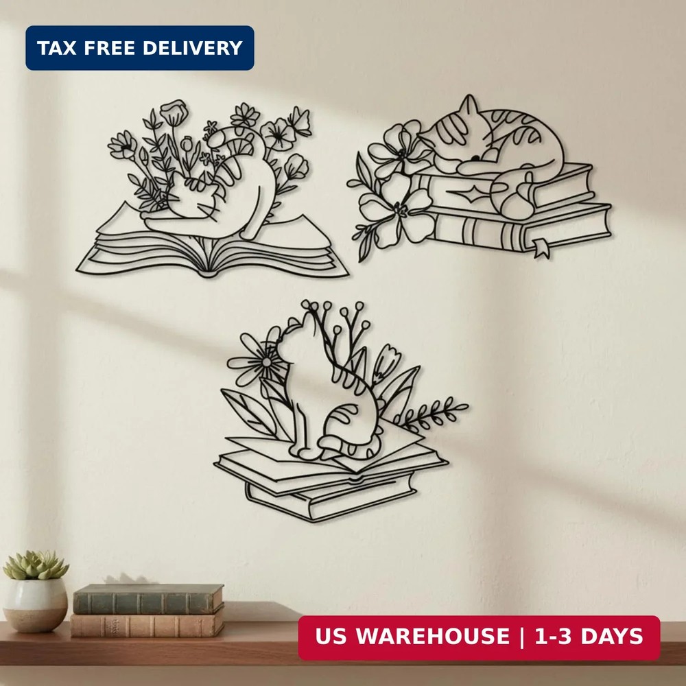 Honeydak 3 Pcs Metal Cat Wall Art Decor Iron Cat Wall Sculptures Artistic Cats B