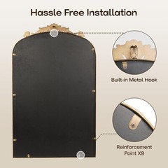 19×31″Gold Vintage Mirror Wall Ornate Baroque Arched Mirror Antique Brass Mirror