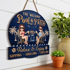 Custom Pool Patio Sign Tropical Couple Wooden Backyard Decor Gift