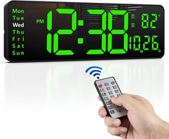 16-In Digital Wall Clock Remote Control Large Display Digital Clock Date